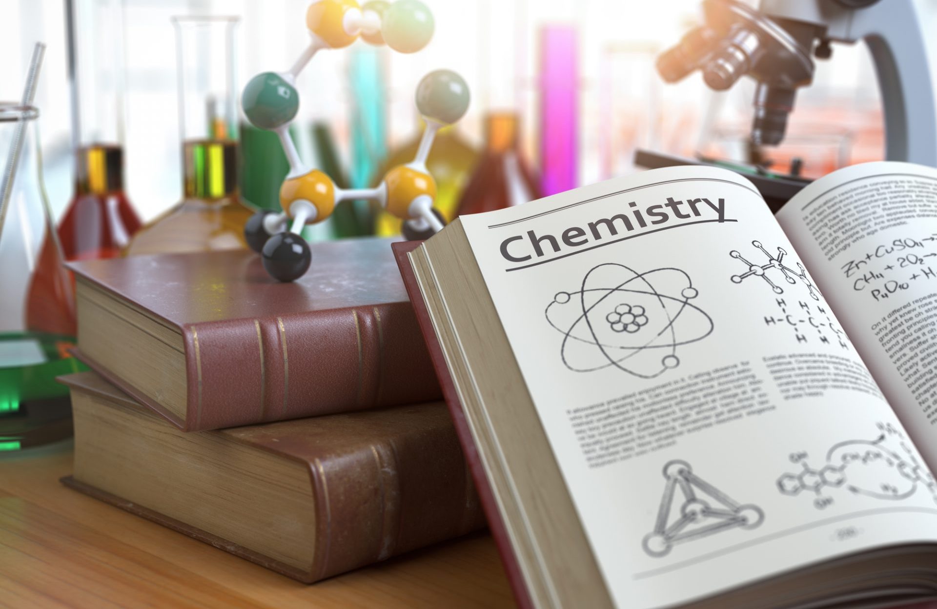 Chemistry education concept. Open books with text chemistry and formulas and textbooks, flasks with liquids and microscope in a classroom or a laboratory. 3d illustration
All textures were created me in Adobe Illustrator. Text was created by text generator.